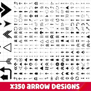 Op de afbeelding: Een verzameling van 350 zwarte pijldesigns in verschillende stijlen, waaronder rechte, gebogen en gestippelde pijlen, gerangschikt op een raster. De tekst "X350 ARROW DESIGNS" staat in rood en wit. Bevat informatie over bestandstypen.
