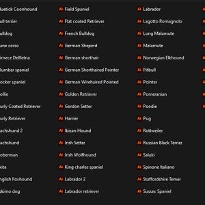 May include: A list of dog breeds in alphabetical order. The list is displayed on a dark background with white text.