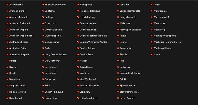 May include: A list of dog breeds in alphabetical order. The list is displayed on a dark background with white text.