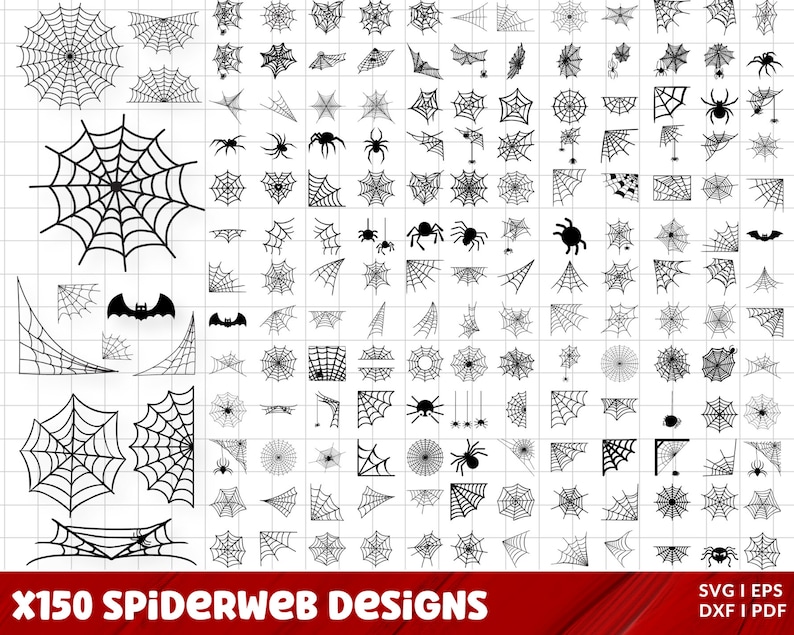 May include: A collection of 150 black and white spiderweb designs. The designs include various shapes and sizes of spiderwebs, some with spiders, bats, and other Halloween-themed elements. The designs are perfect for crafting, scrapbooking, and other creative projects.