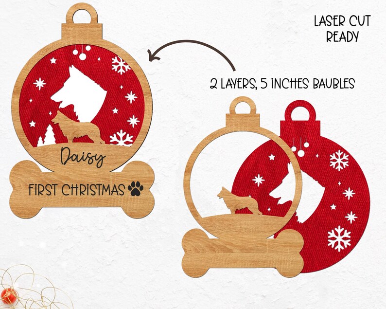 May include: Laser cut ready, two-layer, 5-inch Christmas ornament with a red and white snowflake design. The ornament features a silhouette of two dogs inside a circle with the text "Daisy First Christmas" on a bone-shaped base.