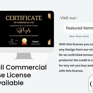 May include: A black and gold certificate with the text "CERTIFICATE OF COMMERCIAL USE" and "UNLIMITED USAGE OF ALL PRODUCTS FROM: SuyPlugdz FULL LICENSE APPLIES NO CREDIT REQUIRED". The certificate is displayed on a computer screen. The text "Full Commercial Use License available" is below the screen.