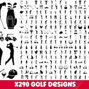 Op de afbeelding: Een verzameling van 290 golf-thema ontwerpen in zwart en wit. De afbeelding bevat silhouetten van golfers, golfkarren, golftassen, golfballen en andere gerelateerde apparatuur. De tekst "X290 GOLF Designs" wordt onderaan weergegeven.