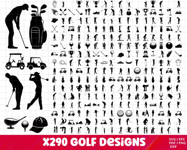 May include: A collection of 290 golf-themed designs in black and white. The image includes silhouettes of golfers, golf carts, golf bags, golf balls, and other related equipment. The text "X290 GOLF Designs" is displayed at the bottom.