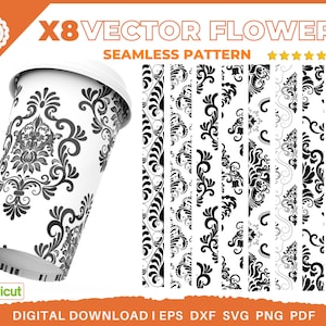 8 Seamless pattern svg, pattern designs svg, Tooled leather png, Seamless Floral Svg, floral svg laser transparent background cut