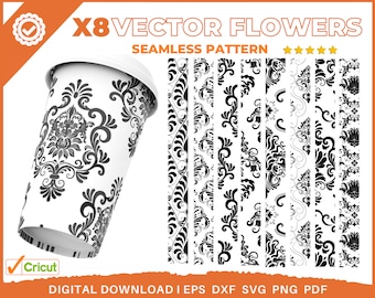May include: Eight black and white vector floral seamless patterns. The patterns are displayed on a white background. The patterns are perfect for use in crafting, scrapbooking, and other creative projects.
