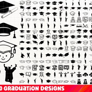 Op de afbeelding: Een set van 180 zwart-witte illustraties voor afstudeerontwerpen. De ontwerpen omvatten afstudeerhoeden, diploma's, studenten en andere pictogrammen met betrekking tot afstuderen.