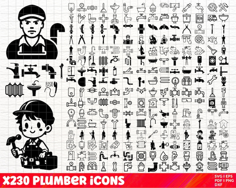 May include: A set of 230 black and white icons depicting various plumbing tools, fixtures, and equipment. The icons include wrenches, pipes, faucets, toilets, sinks, showers, and more.