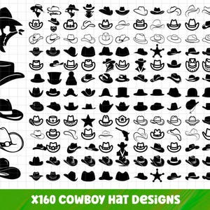 Könnte beinhalten: Eine Sammlung von 160 Cowboyhut-Designs in Schwarz und Weiß. Das Bild zeigt verschiedene Stile von Cowboyhüten, einschließlich solcher mit Sternen und anderen dekorativen Elementen. Der Text unten lautet "X160 Cowboy Hat Designs".