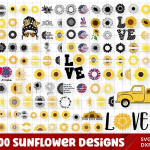 May include: A set of 200 sunflower designs in black, white, and yellow. The designs include various shapes, sizes, and styles, including sunflowers with peace signs, hearts, and the word "love".