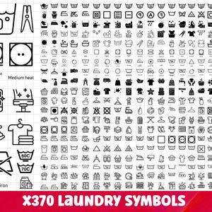以下が含まれることがあります： 白黒の洗濯表示記号370個のコレクション。洗濯、乾燥、アイロンがけ、漂白の指示が含まれています。下部のテキストは「X370 LAUNDRY SYMBOLS」と表示されています。