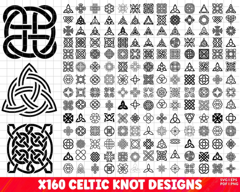 May include: A collection of 160 Celtic knot designs in black and white. The designs are arranged in a grid pattern and include a variety of shapes, including circles, squares, triangles, and crosses.