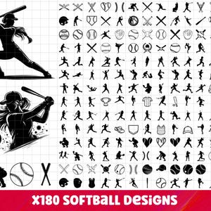 Op de afbeelding: Zwart-wit softbalontwerpset. Bevat silhouetten van softbalspelers, knuppels, ballen en andere gerelateerde afbeeldingen. De tekst "X180 SOFTBALL DESIGNS" staat onderaan. SVG-, EPS-, PDF-, PNG- en DXF-formaten.