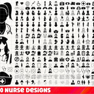 May include: A collection of 240 black and white nurse-themed vector illustrations. The designs include a variety of icons, such as a stethoscope, a heart, a syringe, a bandage, a pill bottle, a first aid kit, and a nurse's cap. The designs are perfect for use in a variety of projects, such as websites, social media, and print materials.