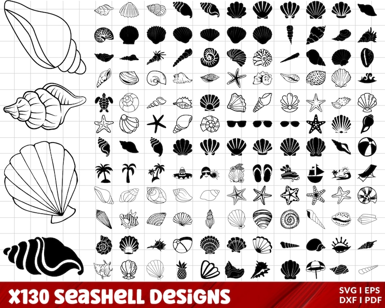 May include: A digital download of 130 black and white seashell designs. The designs include various shapes and sizes of seashells, as well as other beach-themed elements like starfish, palm trees, and sunglasses. The text "x130 Seashell Designs" is at the bottom of the image. The text "SVG | EPS | DXF | PDF" is at the bottom right of the image.