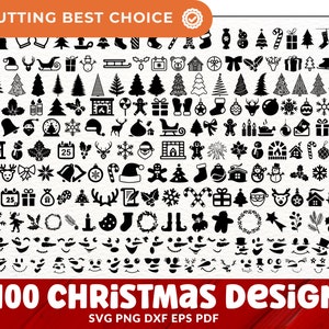 May include: A black and white image with over 400 Christmas designs. The designs include a variety of Christmas icons, such as trees, ornaments, presents, Santa Claus, reindeer, snowflakes, and more.