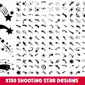 May include: A collection of 150 black shooting star designs in various styles. The designs include stars with trails, starbursts, and simple star shapes. The text "X150 SHOOTING STAR Designs" is displayed in white on a red banner.