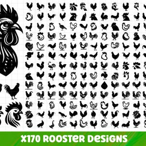 May include: A collection of 170 rooster designs in black and white. The image features various rooster silhouettes, including full body, head profiles, and stylized illustrations. The text "X170 ROOSTER DESIGNS" is at the bottom.