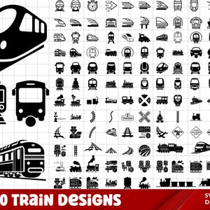 以下が含まれることがあります： 機関車、客車、貨車、線路など、白黒の電車のデザイン130個のセット。デザインはシンプルなものから複雑なものまで、さまざまなスタイルがあります。画像の下部に「X130 TRAIN DESIGNS」というテキストがあります。画像の右下には「SVG I EPS DXF I PDF」というテキストがあります。