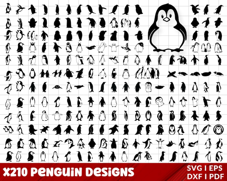 Op de afbeelding: Een digitale download van 210 pingu&iuml;nontwerpen in zwart-wit. De ontwerpen zijn in verschillende poses en maten, waaronder staan, zwemmen en waddelen. De ontwerpen zijn perfect voor het maken van knutselwerk, scrapbooking en andere projecten.