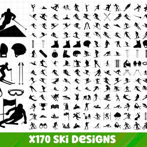 May include: A collection of 170 black ski designs in SVG, EPS, PDF, and PNG formats. The image includes various skier silhouettes, ski equipment, and related icons, such as goggles, helmets, and ski boots. The text "X170 Ski Designs" is at the bottom.