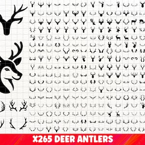 Könnte beinhalten: Eine Sammlung von 265 schwarzen und weißen Hirschgeweih-Silhouetten. Die Geweihe sind in verschiedenen Formen und Größen, einige haben ein einfaches, minimalistisches Design, während andere komplizierter sind. Das Bild enthält den Text "X265 Deer Antlers".