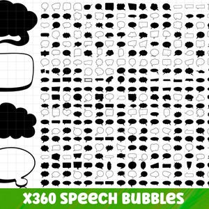 Op de afbeelding: Een digitale illustratie met 360 spraakbelontwerpen in zwart en wit. De afbeelding toont verschillende vormen van spraakbellen, waaronder wolken, rechthoeken en ovale vormen. De tekst "X360 SPEECH BUBBLES" wordt in het groen onderaan weergegeven.