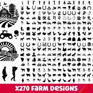May include: Black and white farm-themed digital design elements. Includes silhouettes of barns, tractors, animals, and farmers. The text "X270 FaRM Designs" is at the bottom. Formats include SVG, EPS, PDF, PNG, and DXF.