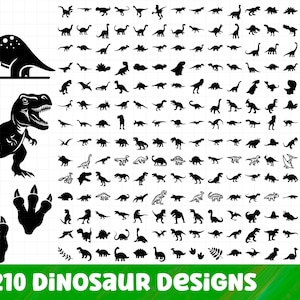 May include: A collection of 210 black dinosaur designs in various poses and styles. Includes silhouettes of a Brontosaurus, T-Rex, and dinosaur footprints. The text "X210 DINOSAUR Designs" is displayed in green at the bottom of the image.