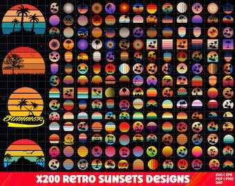 Retro Sunset SVG Bundle, Vintage Palm Tree Sunset, Vintage Retro Sunset PNG, Retro Circle SVG, Distressed Sunset, Retro Sunset T-Shirt Designs
