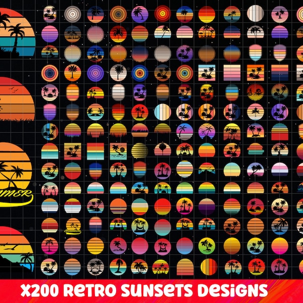 Retro Sunset SVG Bundle, Vintage Palm Tree Sunset,Vintage Retro Sunset PNG, Retro Circle SVG,Distressed Sunset, Retro Sunset T-Shirt Designs