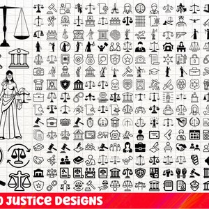 Könnte beinhalten: Ein digitaler Download in Schwarzweiß mit 230 Symbolen zum Thema Justiz. Die Symbole umfassen eine Waage der Gerechtigkeit, einen Hammer, Handschellen, ein Polizeibadge, Gesetzesbücher und mehr.