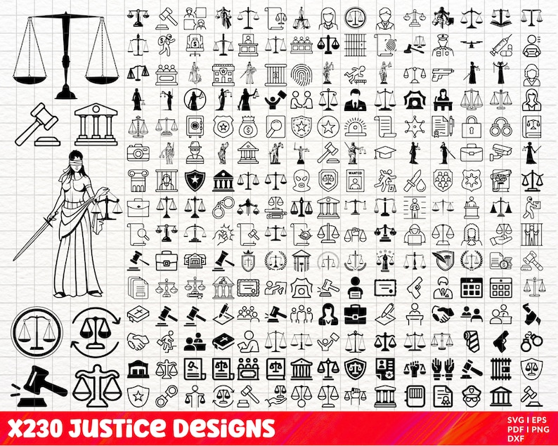 K&ouml;nnte beinhalten: Ein digitaler Download in Schwarzwei&szlig; mit 230 Symbolen zum Thema Justiz. Die Symbole umfassen eine Waage der Gerechtigkeit, einen Hammer, Handschellen, ein Polizeibadge, Gesetzesb&uuml;cher und mehr.