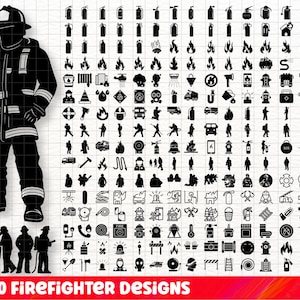 Puede incluir: Un conjunto de 250 diseños vectoriales en blanco y negro con temática de bomberos. Los diseños incluyen bomberos, bocas de incendio, camiones de bomberos, extintores, llamas y otros iconos relacionados con la seguridad contra incendios.