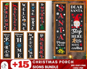 May include: A set of 15 printable Christmas porch signs. The signs feature a variety of festive designs, including a gnome, a gingerbread man, snowflakes, and the words "Welcome", "Believe", "Merry", and "Santa".