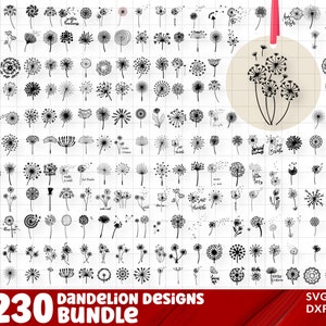 Può includere: Un download digitale di 230 disegni di dente di leone in bianco e nero in formato SVG, EPS, DXF e PDF. I disegni presentano vari stili di dente di leone, tra cui alcuni con testo come "Just Breathe" e "Make a Wish".