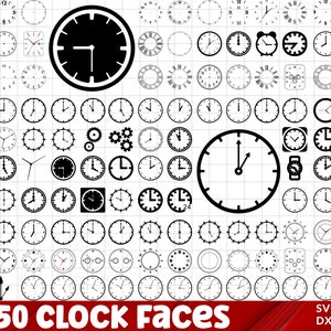 May include: A collection of 150 black and white clock face designs. The clock faces are in various styles, including round, square, and rectangular. The designs are simple and elegant, and they would be perfect for use in a variety of projects.