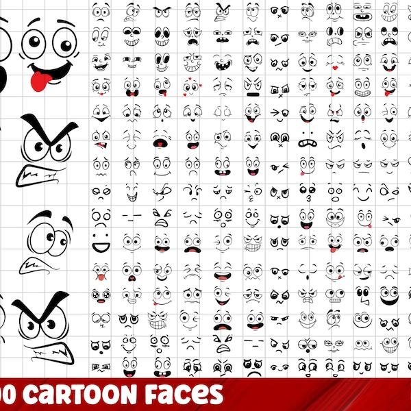 Cartoon Emotion Faces SVG Bundle, Kawaii Face SVG, Cute Funny Face SVG, Emoji face, cartoon face clipart, comics face, png, silhouette