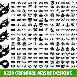 May include: A collection of 220 black carnival mask designs in various styles. The image includes several large mask designs on the left and a grid of smaller mask designs. Text at the bottom reads "x220 CARNIVAL MASKS DESIGNS".