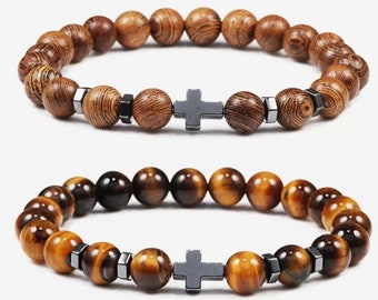 Tiger Eye Beaded Bracelets and Wooden Beaded Bracelets with Hematite Cross