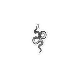 May include: Black and white line art illustration of a snake curled up in a circle.