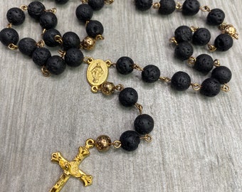 Black Lava stone and gold Rosary