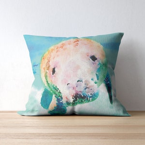 Watercolor Manatee Pillow, Faux Suede Square Pillow, Gift for Manatee Lover