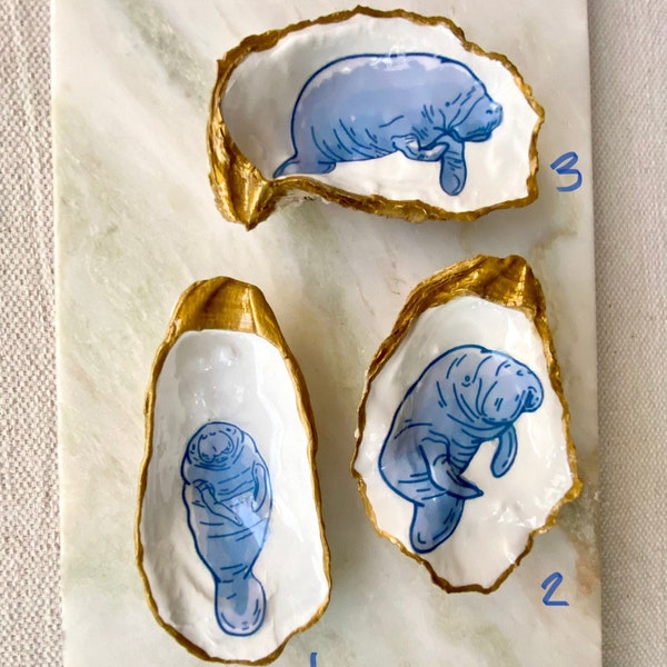 Blue & White Manatee Oyster Trinket Dish, Manatee jewelry ring holder, Gift for manatee lover, Decoupage oyster shell, Cute manatee art