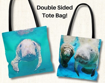 Manatee Tote Bag With Double Sided Watercolor Art, Shopping Book Bag, Back to School Supplies, Manatee Lover Gifts, Long Strap Shoulder Bag