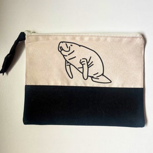 Black and Cream Manatee Zipper Cosmetic Bag, Manatee Pencil Pouch Holder, Gift for Manatee Lover, School Supply, Faux Suede Toiletry Bag