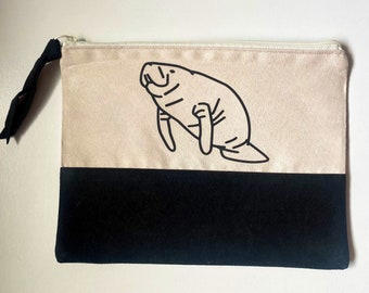 Black and Cream Manatee Zipper Cosmetic Bag, Manatee Pencil Pouch Holder, Gift for Manatee Lover, School Supply, Faux Suede Toiletry Bag