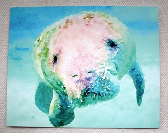 Colorful Watercolor Manatee Art Print, manatee print, manatee art, watercolor manatee, 5x7, 8x10, manatee wall art, manatee painting, Woody