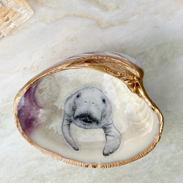 Small Manatee Ring Dish with Natural Clam Shell, Jewelry Holder, Manatee Gift, Gift for Manatee Lover, Coastal Home Decor, Birthday Wedding