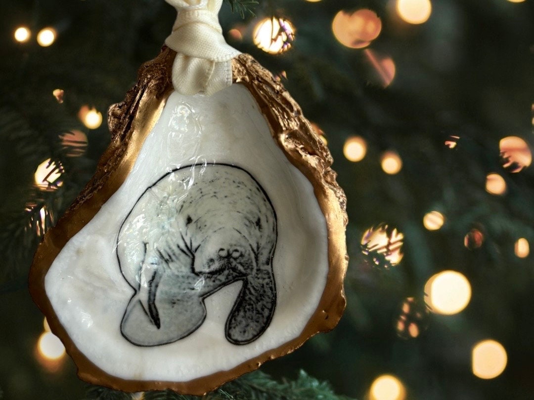 Manatee Oyster Shell Christmas Ornament, Gift for Manatee Lover, Sea ...